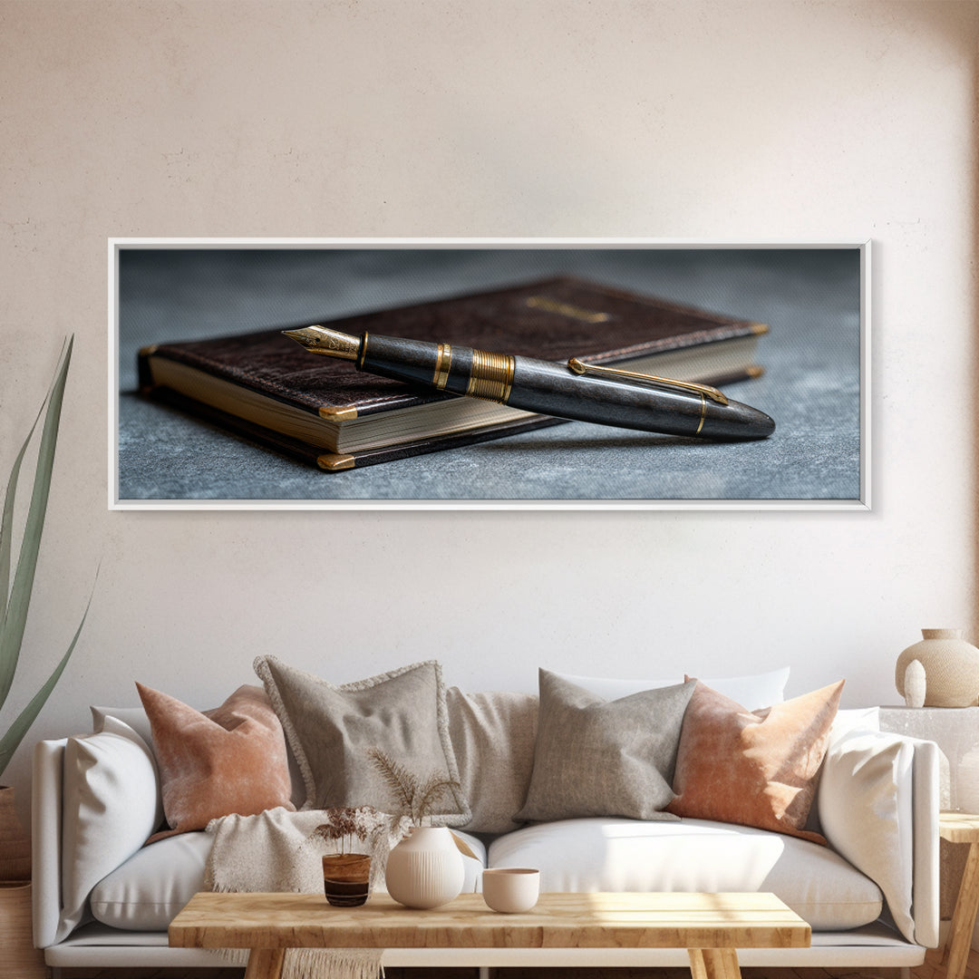 Fountain Pen and Notebook Still Life Without Canvas Print, Office Art, Office Decor, Watercolor Art, Focus, Abstract Wall Art, OFF-3x1-86