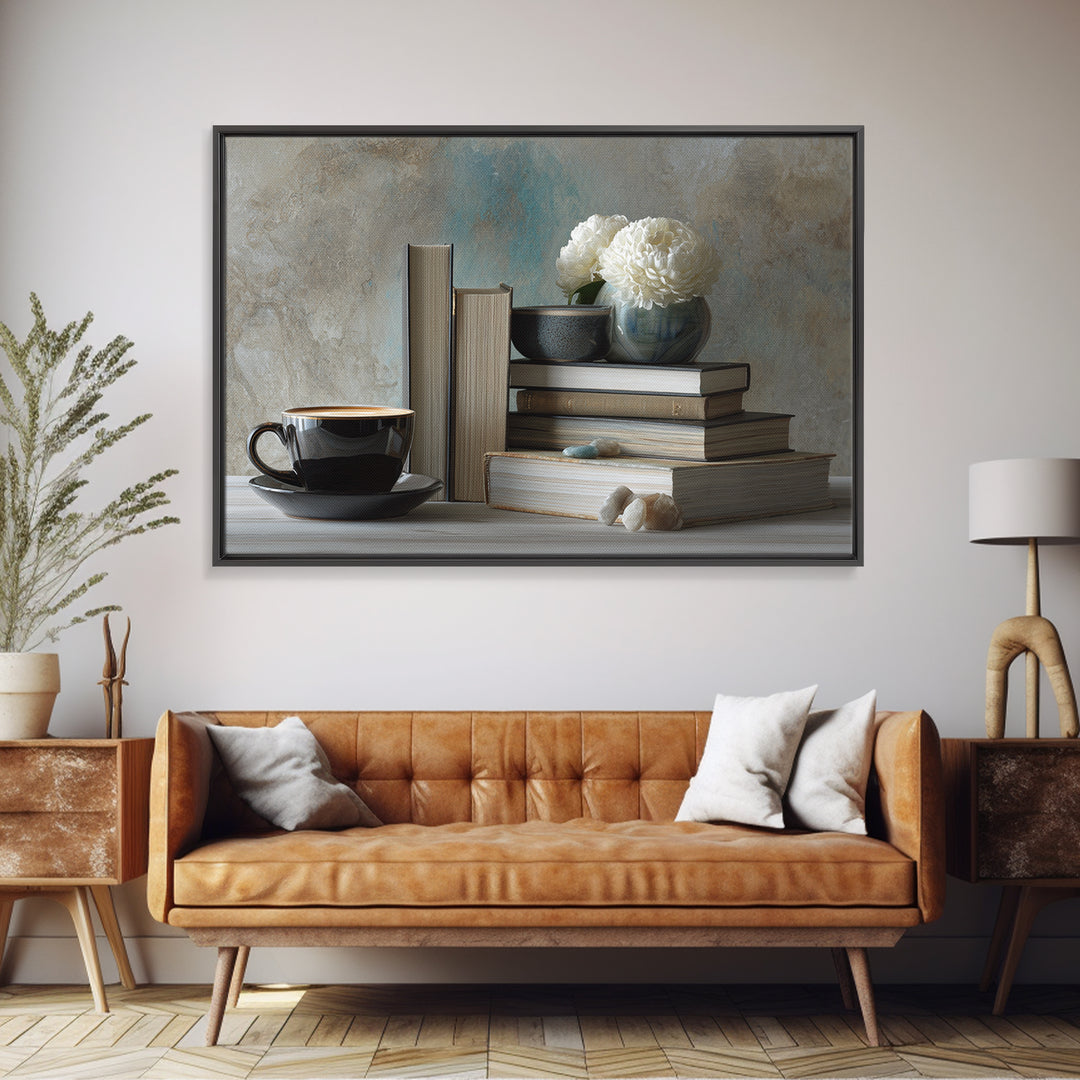 Books and Coffee Still Life Canvas Print, Office Art, Living Room Decor, Office Decor, Oil Painting, Focus, Fine Art Print, OFF-3x2-61