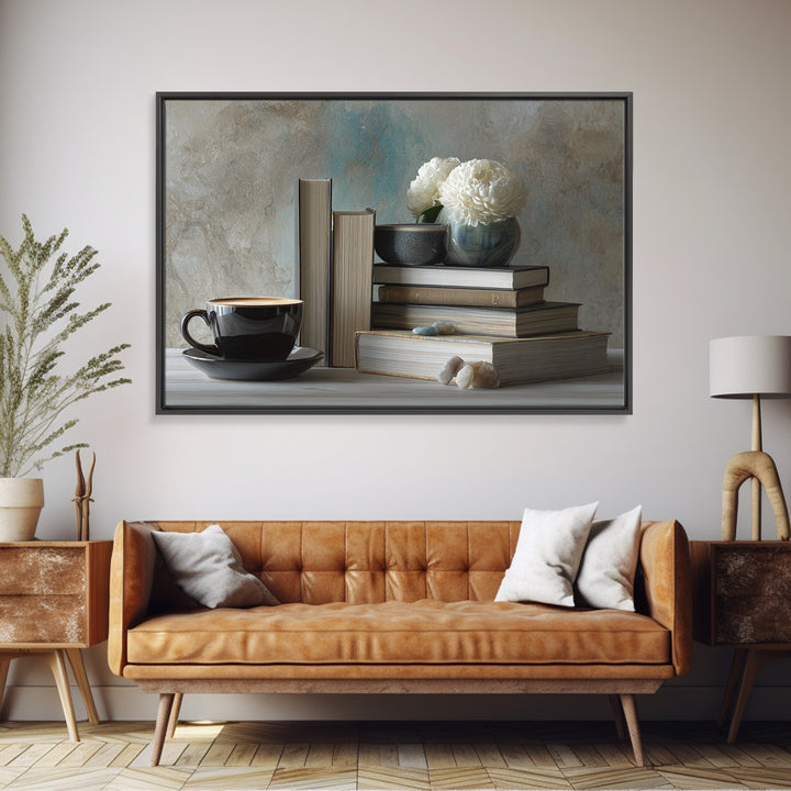 Books and Coffee Still Life Canvas Print, Office Art, Living Room Decor, Office Decor, Oil Painting, Focus, Fine Art Print, OFF-3x2-61