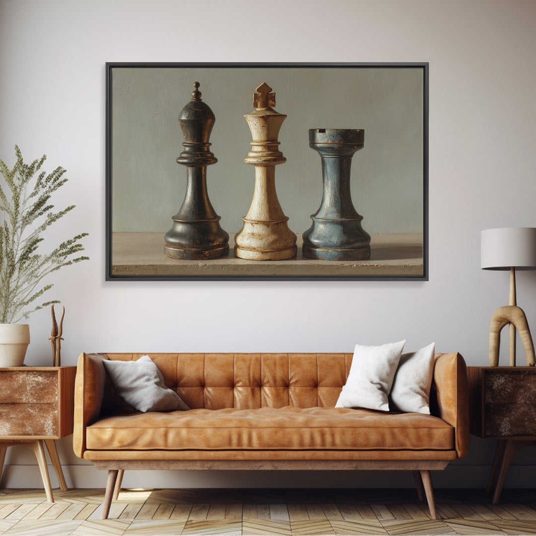 Minimal Chess Piece Still Life Framed Canvas Print, Office Art, Abstract Wall Art, Office Decor, Watercolor Art, Focus, OFF-3x2-65