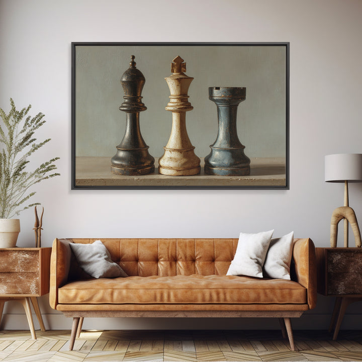 Minimal Chess Piece Still Life Framed Canvas Print, Office Art, Abstract Wall Art, Office Decor, Watercolor Art, Focus, OFF-3x2-65