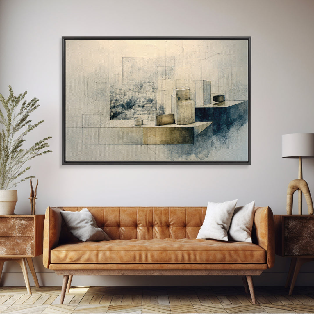 Architectural Line Drawing Framed Canvas Print, Office Art, Home Decor, Office Decor, Focus, Art Deco, Canvas Wall Art, OFF-3x2-7