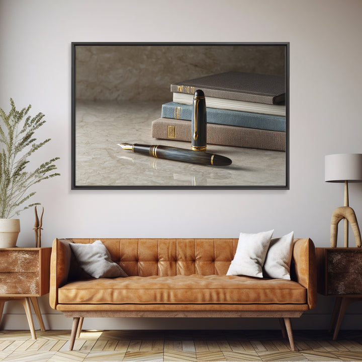 Fountain Pen and Notebook Still Life Without Framed Canvas Print, Office Art, Abstract Art, Office Decor, Oil Painting, Focus, OFF-3x2-74