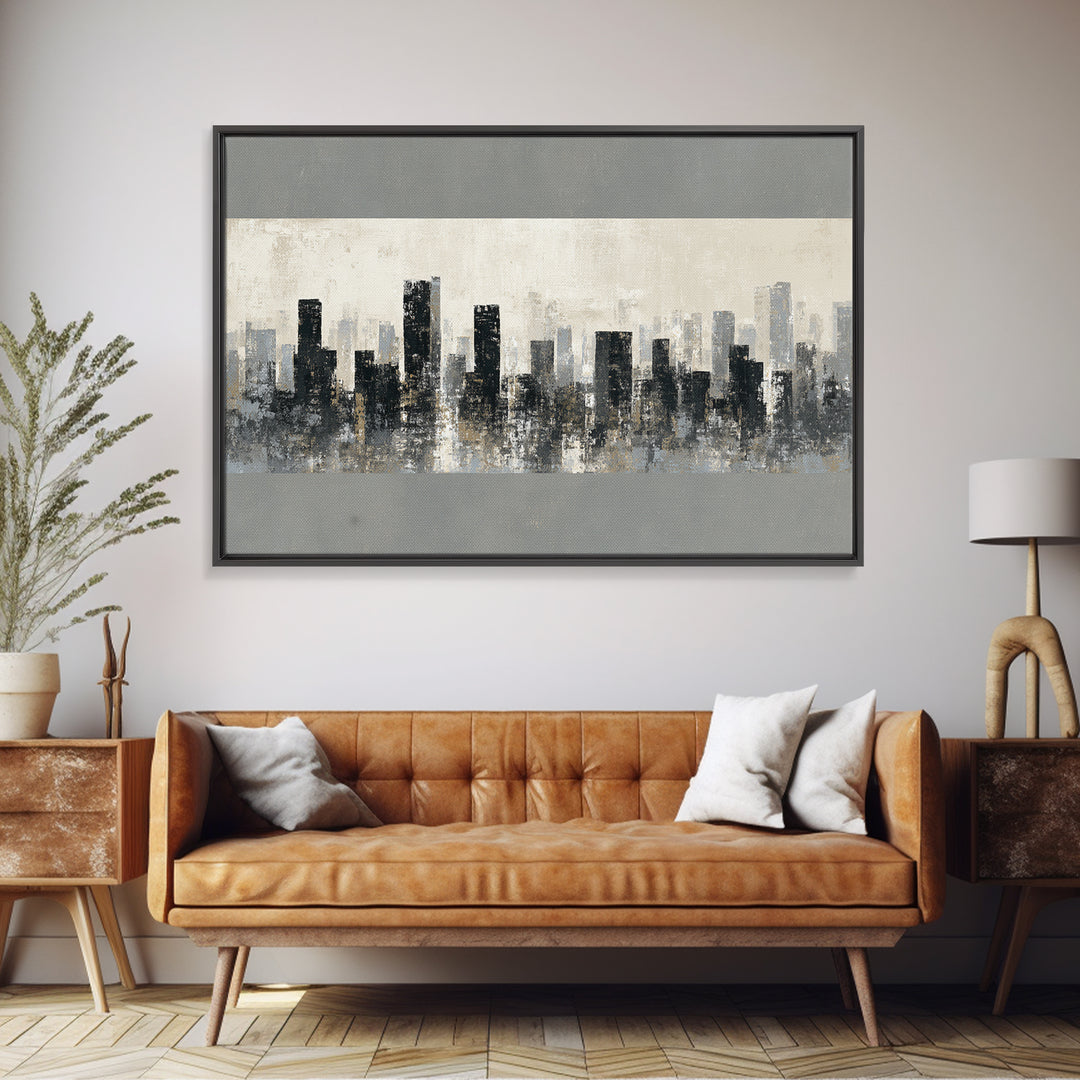 Black and White City Skyline Silhouette Framed Canvas Print, Office Art, Canvas Print, Office Decor, Abstract Art, Focus, OFF-3x2-81
