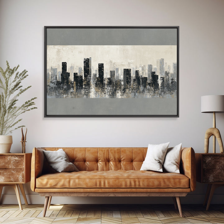 Black and White City Skyline Silhouette Framed Canvas Print, Office Art, Canvas Print, Office Decor, Abstract Art, Focus, OFF-3x2-81
