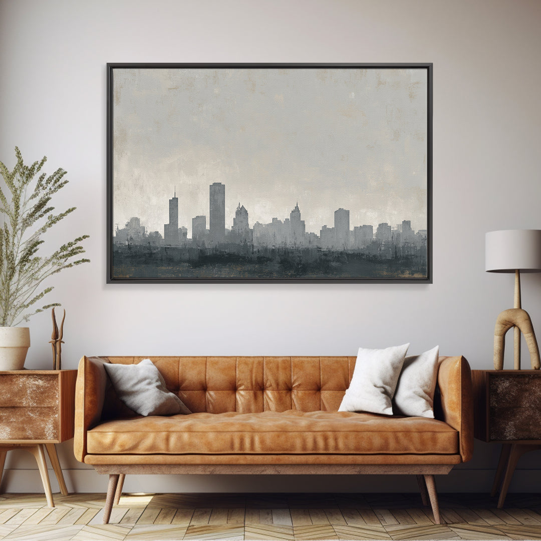 Black and White City Skyline Silhouette Framed Canvas Print, Office Art, Canvas Wall Art, Office Decor, Fine Art, Focus, OFF-3x2-9