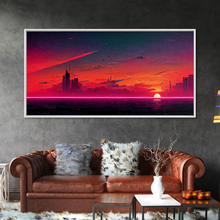 Cyberpunk lake art, city canvas, video game concept art, living room wall art, dystopian art, outrun city at sunset, man cave canvas print