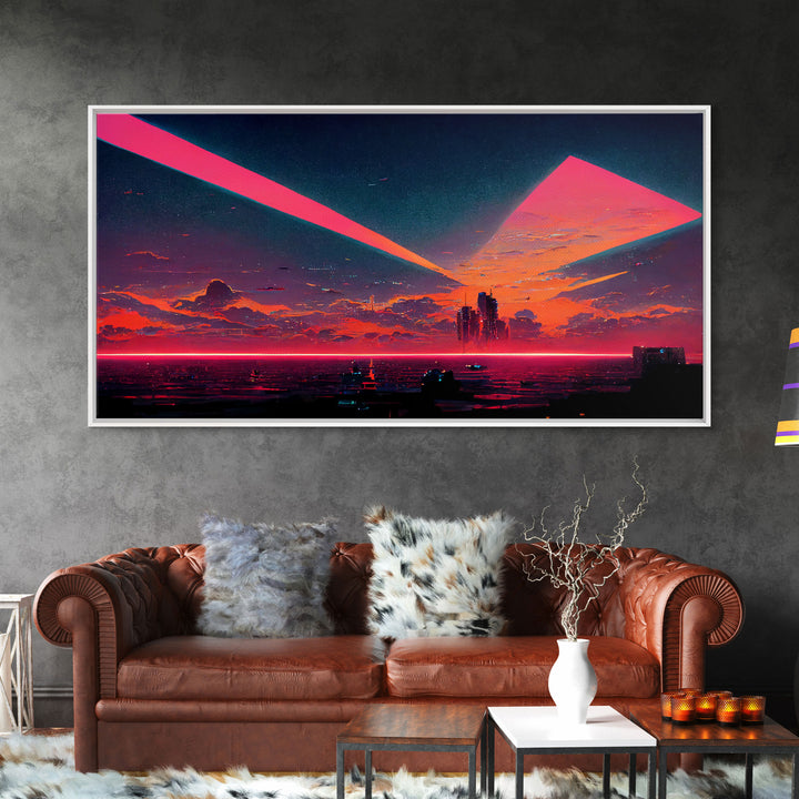 Cyberpunk lake art, city canvas, video game concept art, living room wall art, dystopian art, outrun city at sunset, man cave canvas print