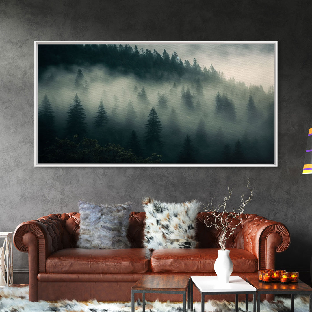 Foggy pine forest, Canadian forest art, framed canvas print, farmhouse decor, misty forst landscape