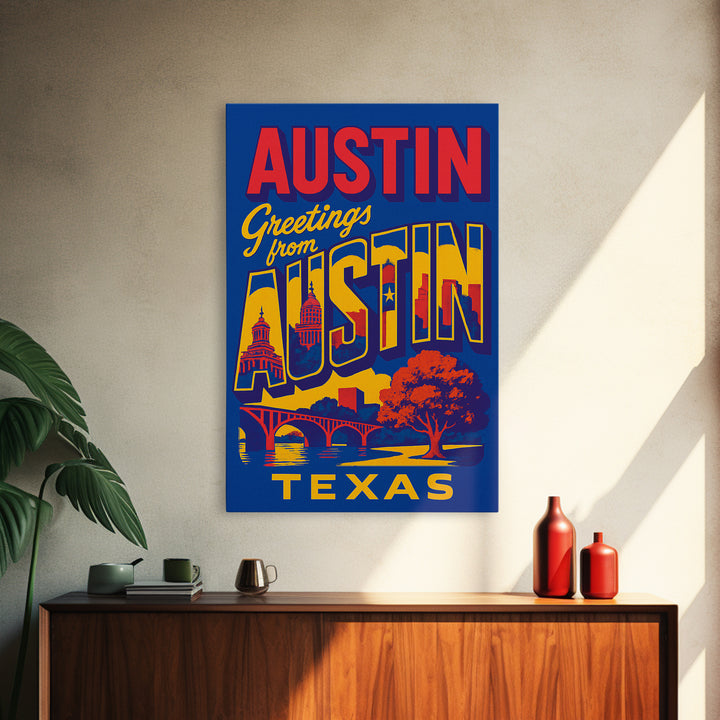 Austin Texas Travel Poster, Canvas Print, Colorful Graphic Wall Art, Austin Art Print, City Illustration, Travel Art Print, Travel Print