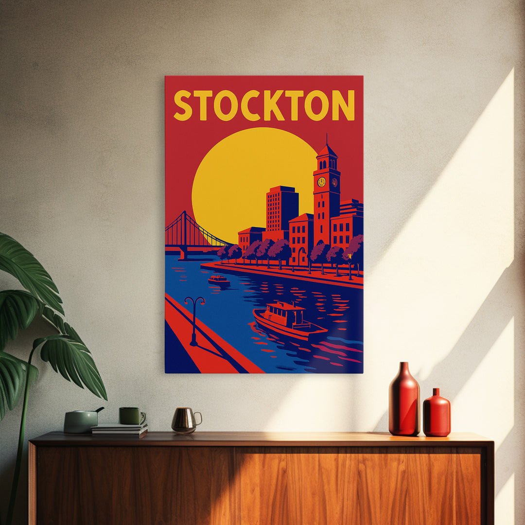 Stockton Travel Poster, Framed Canvas Print, Vibrant Retro Travel Art, Stockton City Art, Vintage City Art, Fine Art Print, Vintage Print