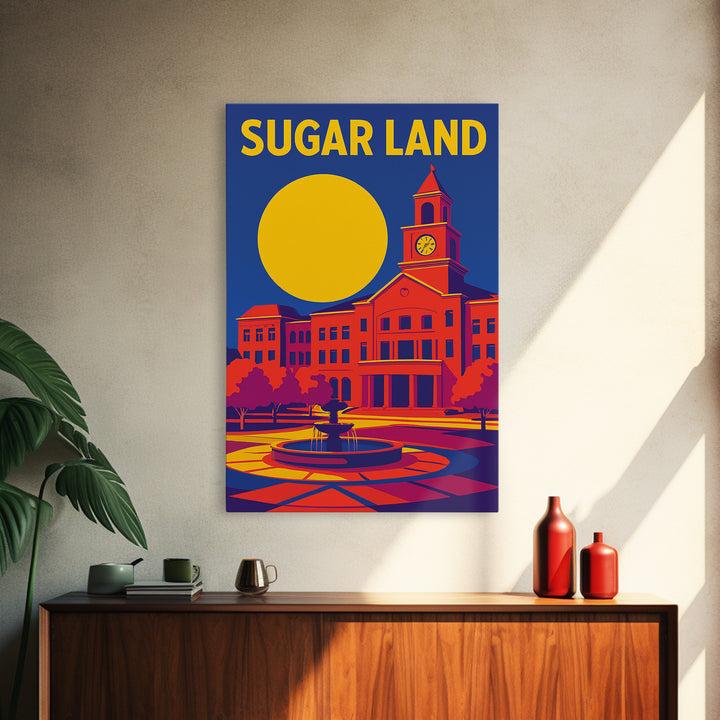 Sugar Land Texas Travel Poster, Framed Canvas Print, Vibrant Retro Travel Art, Sugar Land Art Print, City Art Print, Vintage City Poster