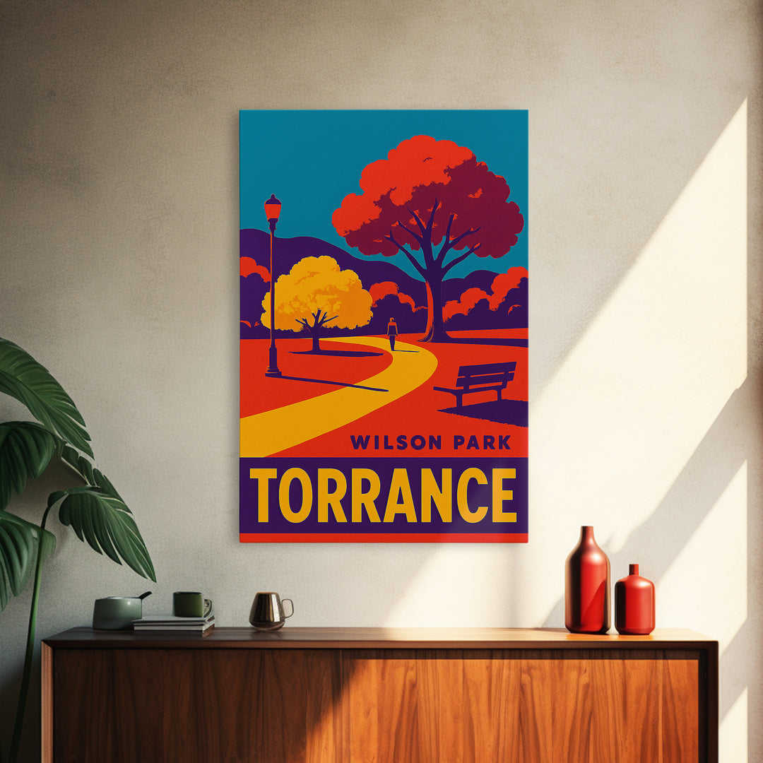 Torrance Travel Poster, Framed Canvas Print, Bold Pop Art Poster, Torrance Travel Art, Living Room Wall Art, City Illustration