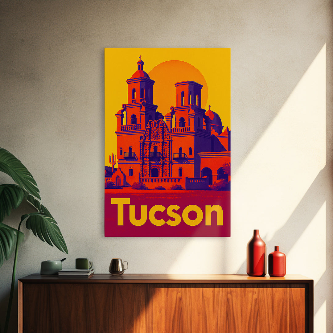 Tucson Travel Poster, Framed Canvas Print, Vibrant Retro Travel Art, Tucson Travel Art, Modern Wall Decor, Eclectic Wall Decor