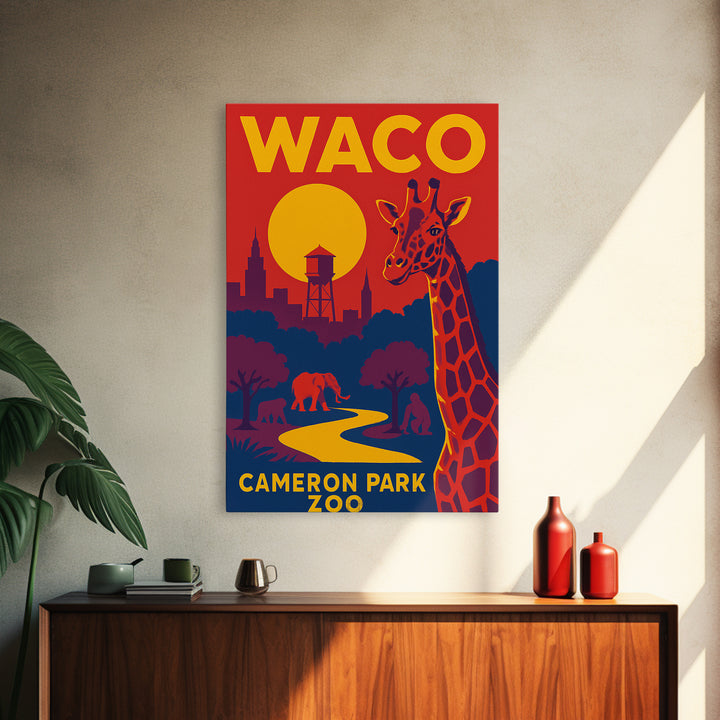 Waco Travel Poster, Framed Canvas Print, Bold Pop Art Poster, Waco Wall Art, Mid Century Wall Art, Retro Travel Print, City Art Print