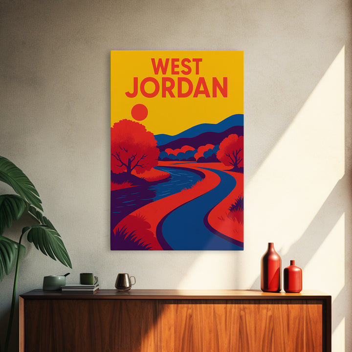 West Jordan Travel Poster, Framed Canvas Print, Bold Pop Art Poster, West Jordan Travel Art, Eclectic Wall Decor, City Illustration