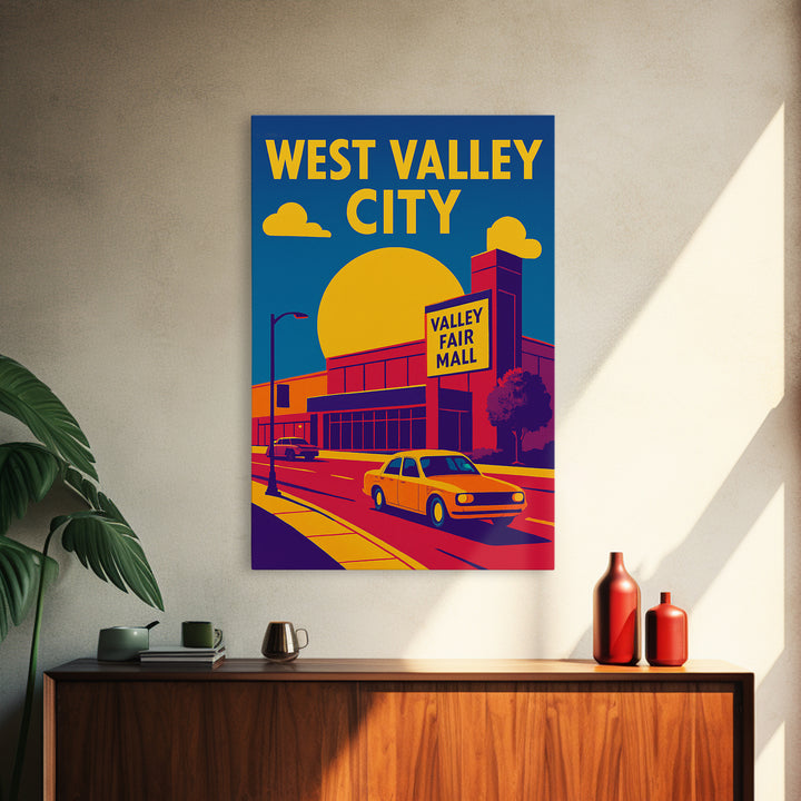 West Valley City Travel Poster, Framed Canvas Print, Vibrant Retro Travel Art, West Valley City Poster Print, Watercolor Cityscape
