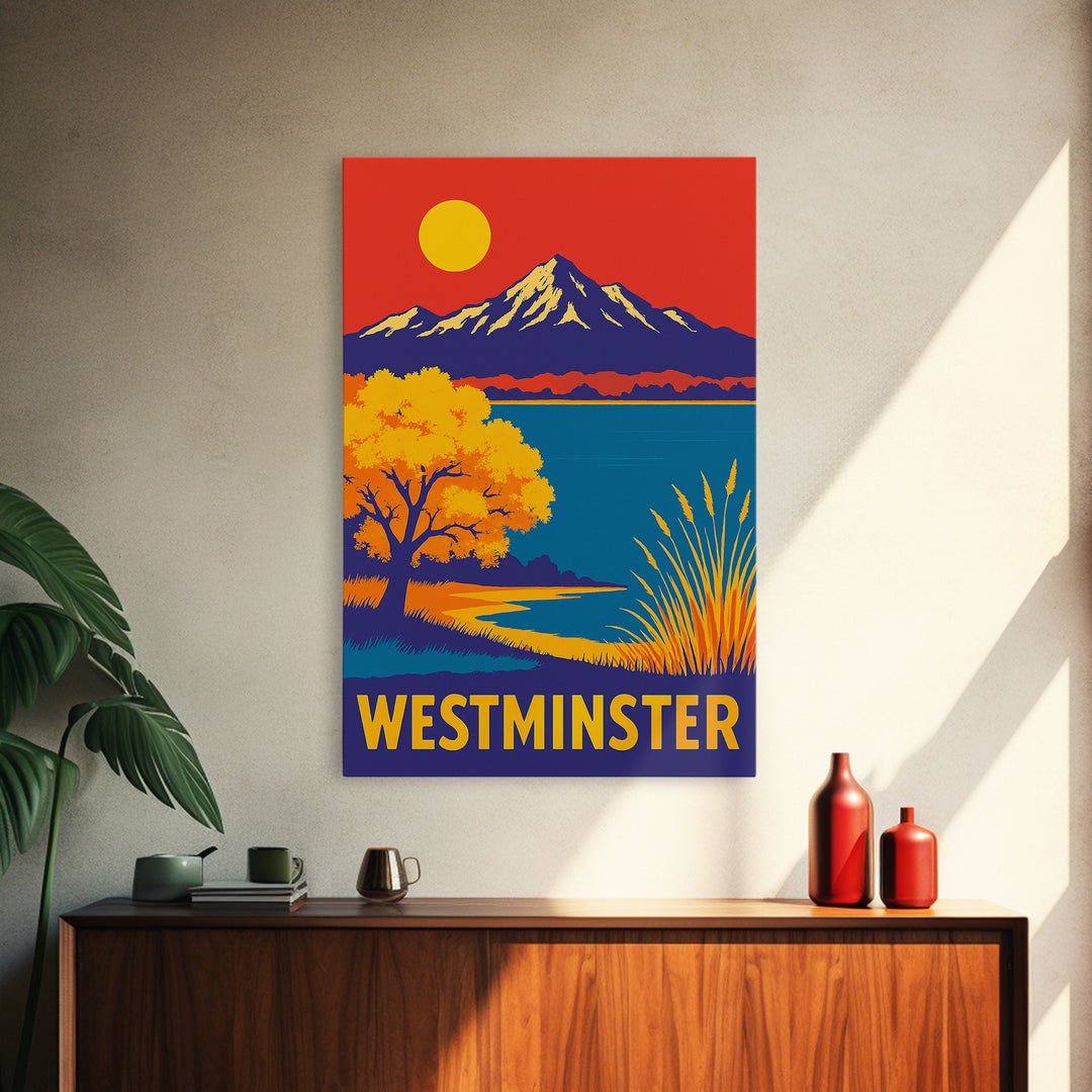 Westminster Travel Poster, Framed Canvas Print, Vibrant Retro Travel Art, Westminster City Art, Wanderlust Decor, City Illustration