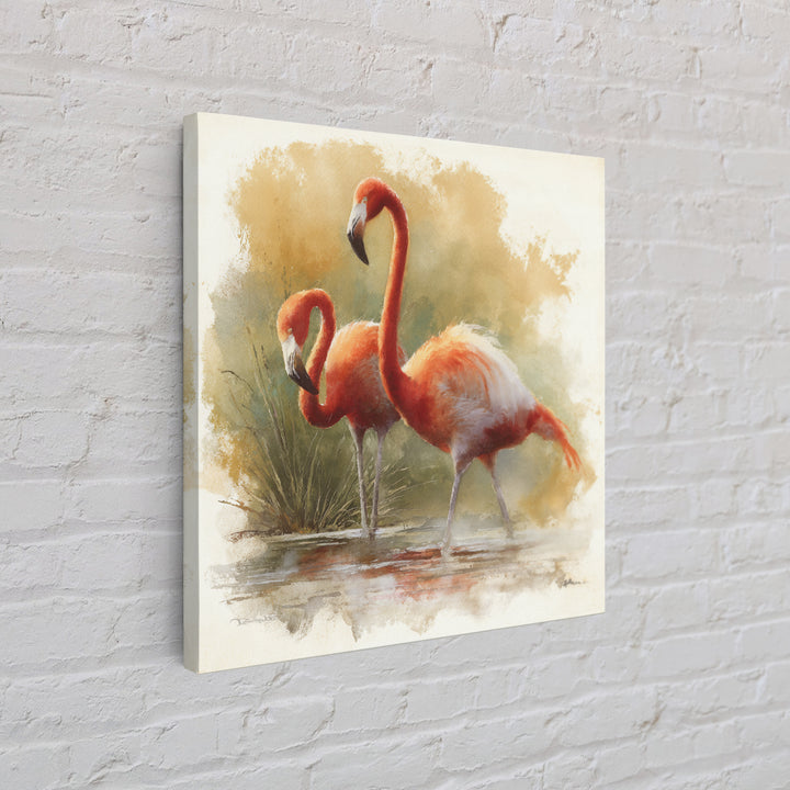 Flamingo Pair Beside Shallow Water Canvas Print, Patio Art, Beach House Decor, Patio Decor, Fine Art, Outdoor, Modern Decor, PAT-1x1-10
