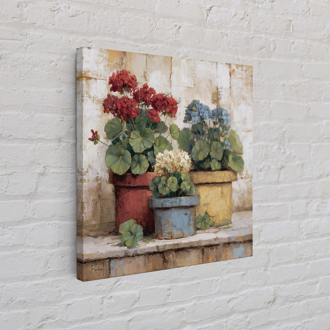 Potted Geraniums in Rustic Clay Pots Canvas Print, Patio Art, Porch Decor, Patio Decor, Fine Art, Outdoor, Fine Art Print, PAT-1x1-14