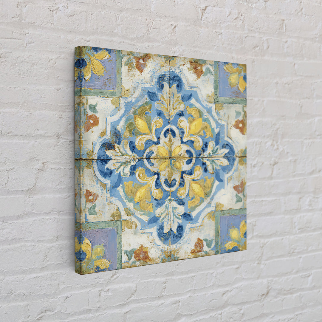 Mediterranean Lemons and Blue Tile Pattern Framed Canvas Print, Patio Art, Patio Decor, Fine Art, Outdoor, Gallery Decor, PAT-1x1-2