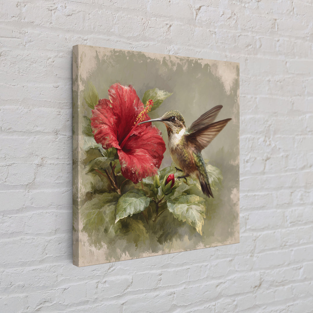 Hummingbird Visiting Bright Hibiscus Canvas Print, Patio Art, Western Decor, Patio Decor, Abstract Art, Outdoor, Floral Art, PAT-1x1-3