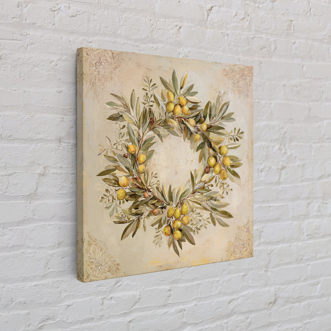 Olive Branch Wreath on Warm Plaster Framed Canvas Print, Patio Art, Statement Artwork, Patio Decor, Fine Art, Outdoor, PAT-1x1-33