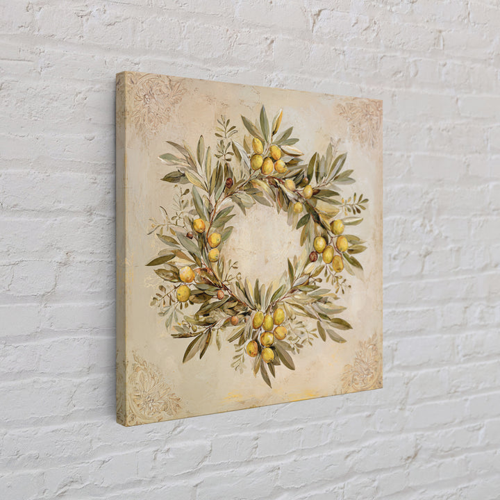 Olive Branch Wreath on Warm Plaster Framed Canvas Print, Patio Art, Statement Artwork, Patio Decor, Fine Art, Outdoor, PAT-1x1-33