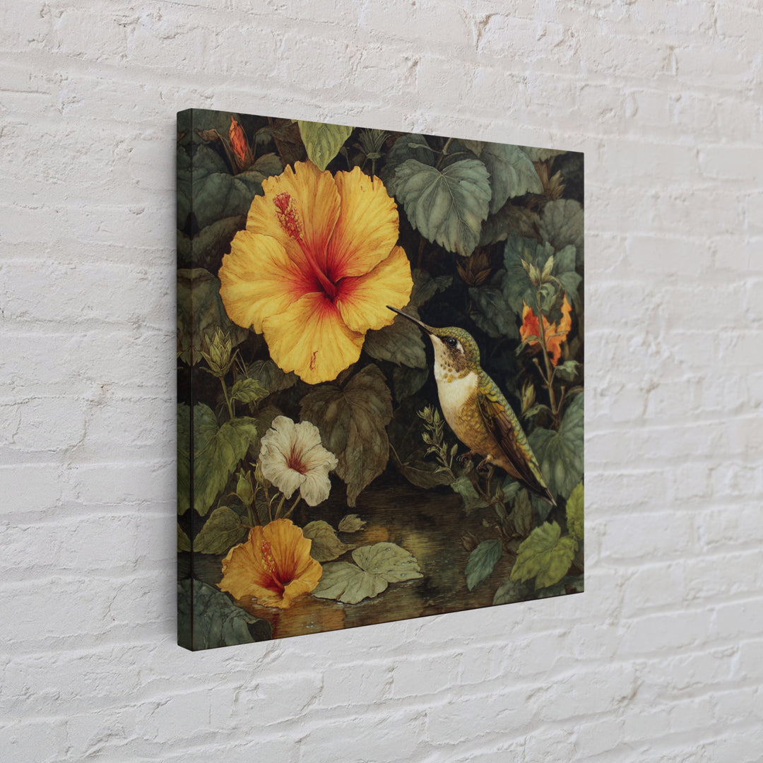 Hummingbird Visiting Bright Hibiscus Framed Canvas Print, Patio Art, Family Wall Art, Patio Decor, Oil Painting, Outdoor, PAT-1x1-51