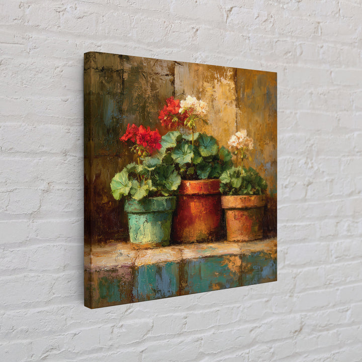 Potted Geraniums in Rustic Clay Pots Framed Canvas Print, Patio Art, Family Wall Art, Patio Decor, Fine Art, Outdoor, PAT-1x1-62
