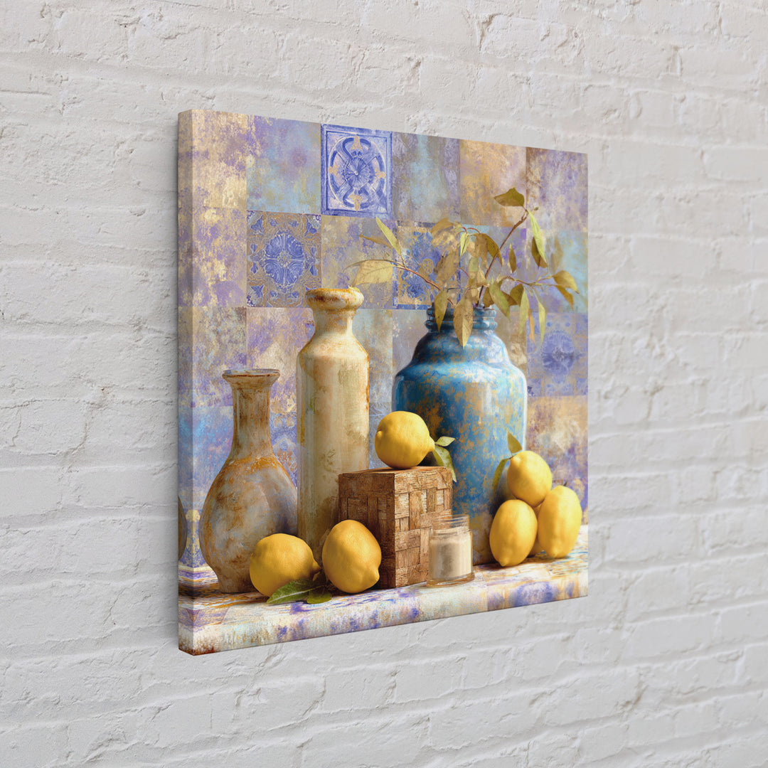 Mediterranean Lemons and Blue Tile Pattern Framed Canvas Print, Patio Art, Patio, Patio Decor, Outdoor, Minimalist Decor, PAT-1x1-74