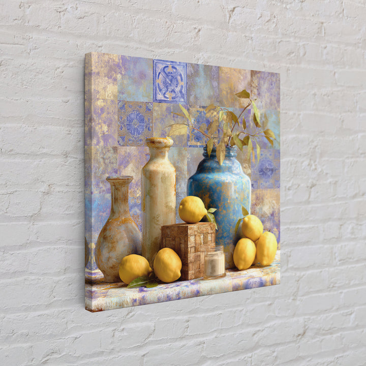 Mediterranean Lemons and Blue Tile Pattern Framed Canvas Print, Patio Art, Patio, Patio Decor, Outdoor, Minimalist Decor, PAT-1x1-74
