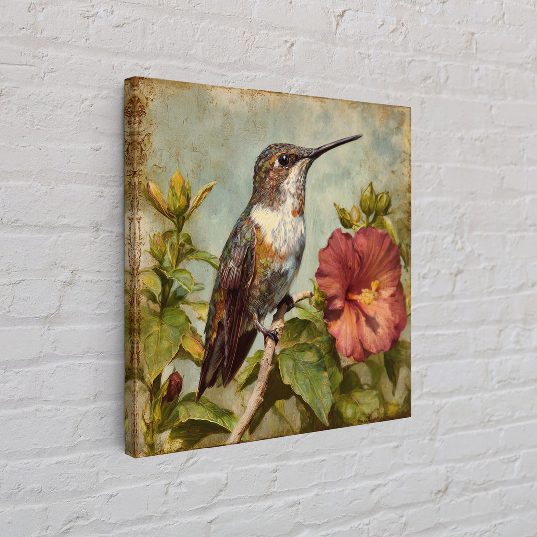 Hummingbird Visiting Bright Hibiscus Canvas Print, Patio Art, Modern Decor, Patio Decor, Fine Art, Outdoor, Home Decor, PAT-1x1-75