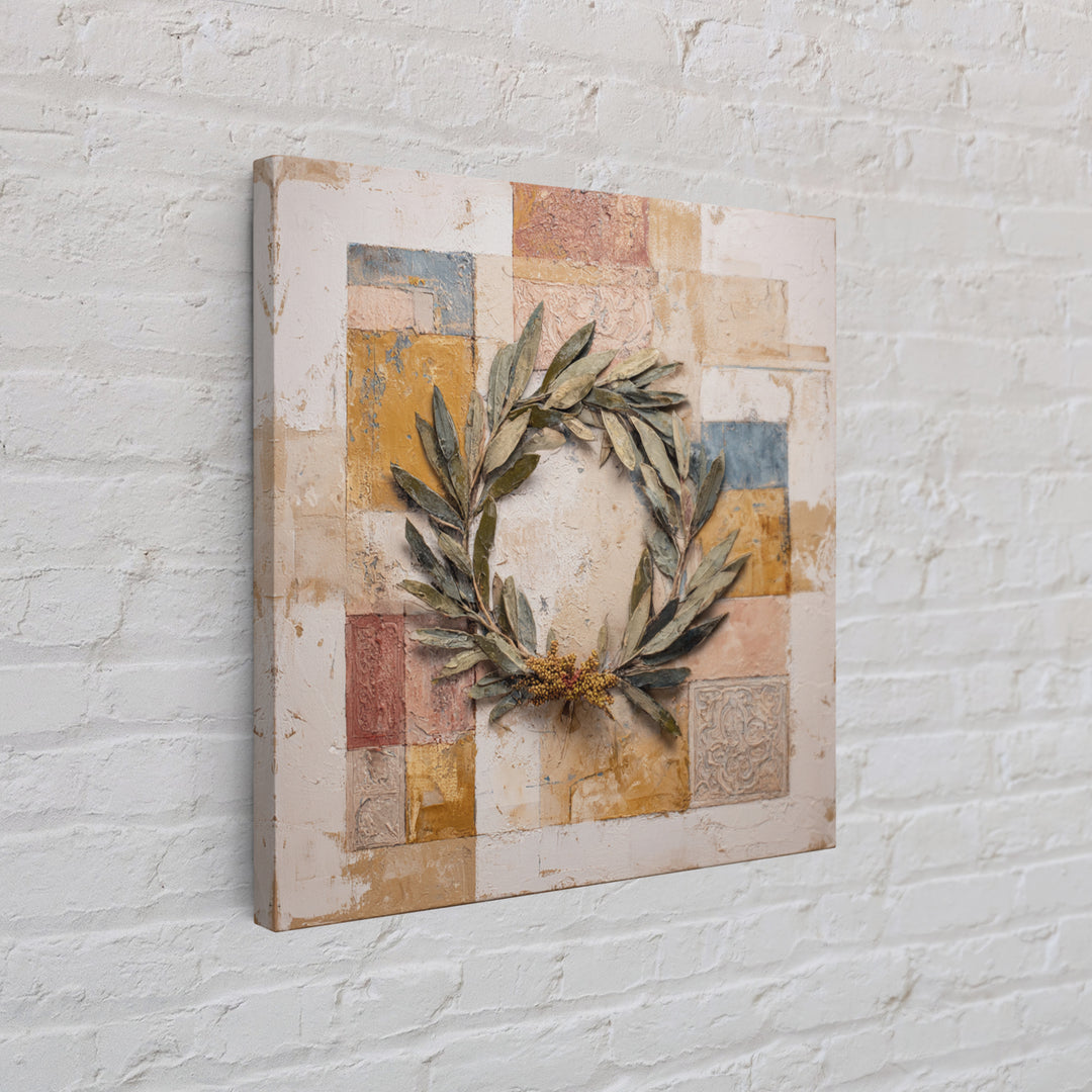 Olive Branch Wreath on Warm Plaster Canvas Print, Patio Art, Patio Decor, Oil Painting, Outdoor, Outdoor Wall Art, PAT-1x1-81