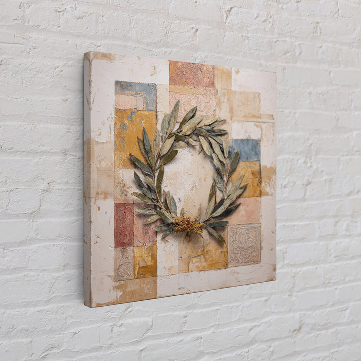 Olive Branch Wreath on Warm Plaster Canvas Print, Patio Art, Patio Decor, Oil Painting, Outdoor, Outdoor Wall Art, PAT-1x1-81