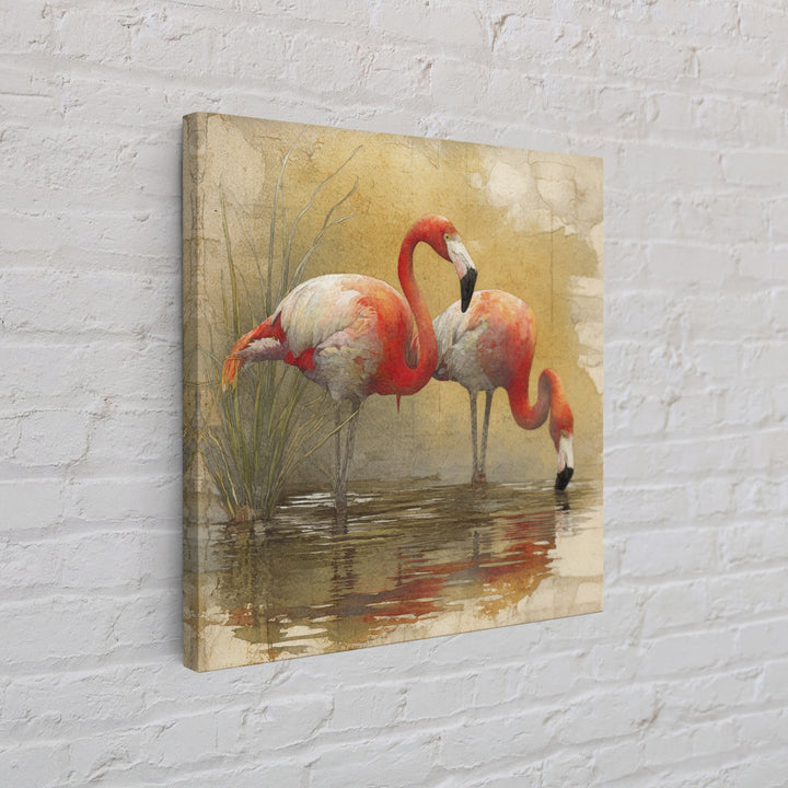 Flamingo Pair Beside Shallow Water Canvas Print, Patio Art, Neutral Decor, Patio Decor, Oil Painting, Outdoor, Wall Art, PAT-1x1-82