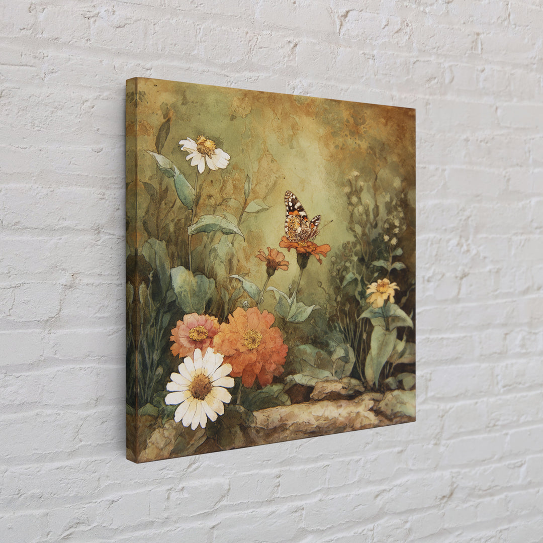 Butterfly Garden with Zinnias and Daisies Canvas Print, Patio Art, Boho Decor, Patio Decor, Oil Painting, Outdoor, PAT-1x1-85