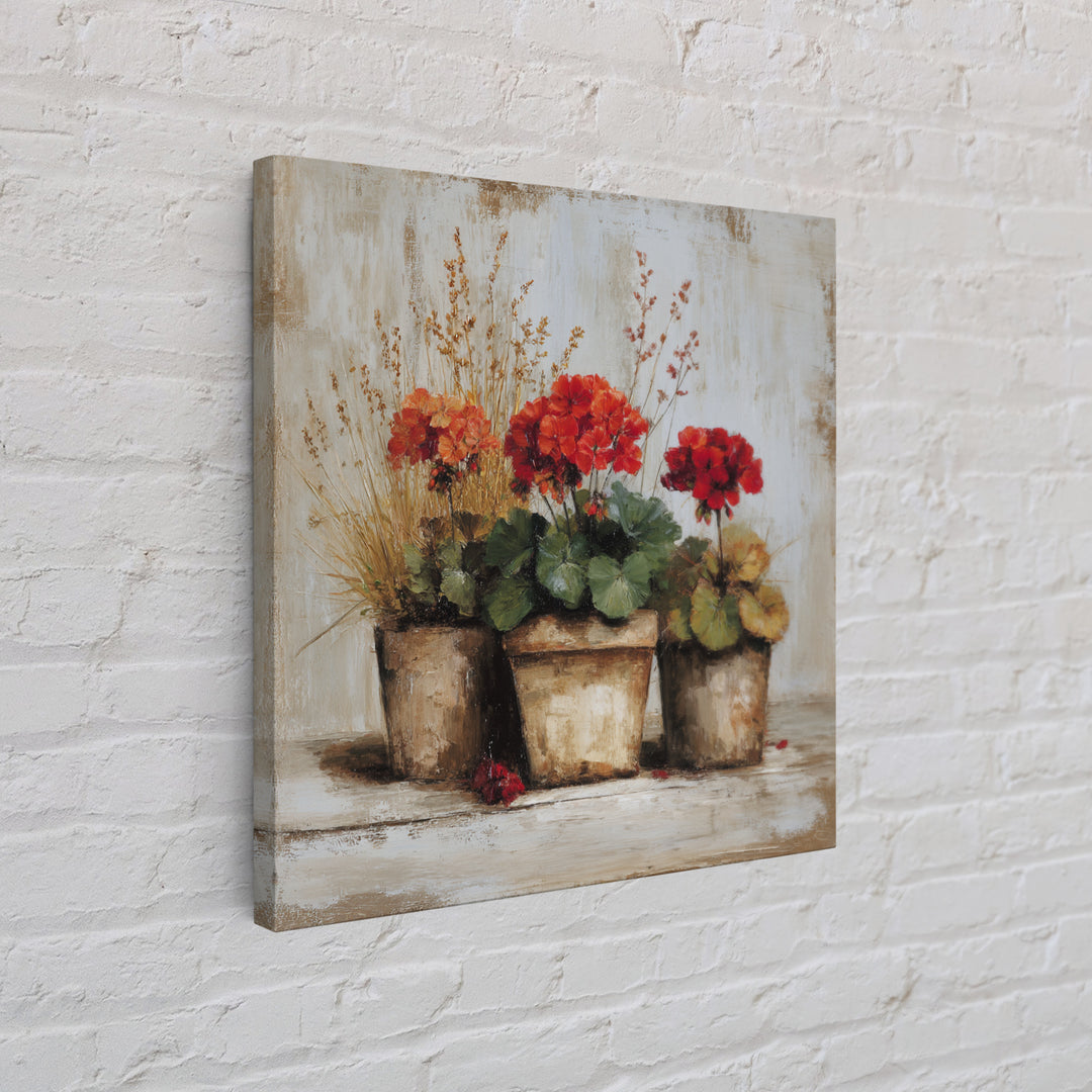 Potted Geraniums in Rustic Clay Pots Canvas Print, Patio Art, Modern Decor, Patio Decor, Fine Art, Outdoor, Home Decor, PAT-1x1-86