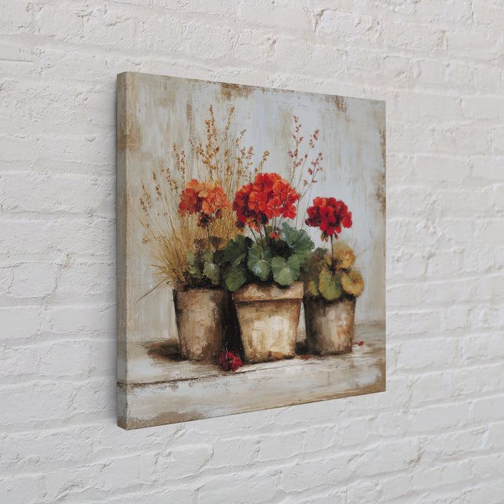 Potted Geraniums in Rustic Clay Pots Canvas Print, Patio Art, Modern Decor, Patio Decor, Fine Art, Outdoor, Home Decor, PAT-1x1-86
