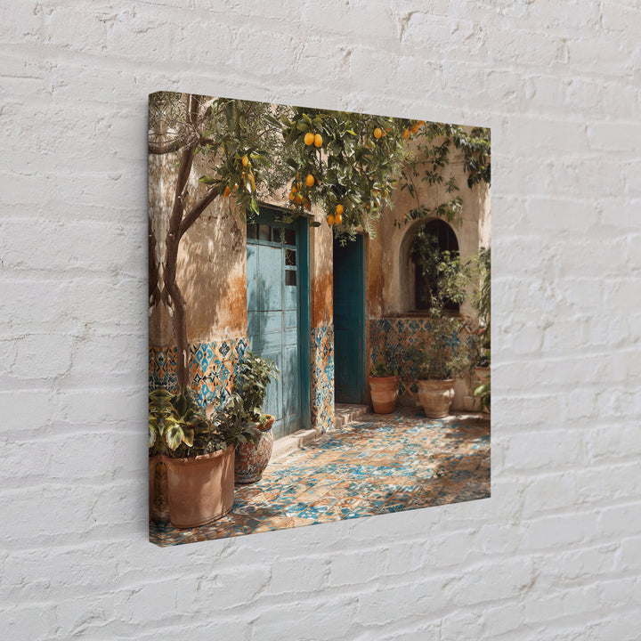 Mediterranean Lemons and Blue Tile Pattern Canvas Print, Patio Art, Boho Decor, Patio Decor, Fine Art, Outdoor, Outdoor Decor, PAT-1x1-98