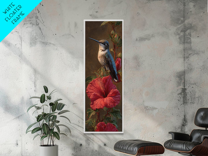 Hummingbird Visiting Bright Hibiscus Framed Canvas Print, Patio Art, Patio Decor, Abstract Art, Outdoor, Floral Wall Art, PAT-1x3-15