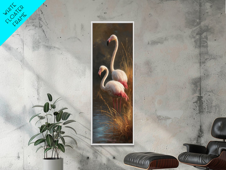 Flamingo Pair Beside Shallow Water Framed Canvas Print, Patio Art, Rustic Decor, Patio Decor, Fine Art, Outdoor, PAT-1x3-46