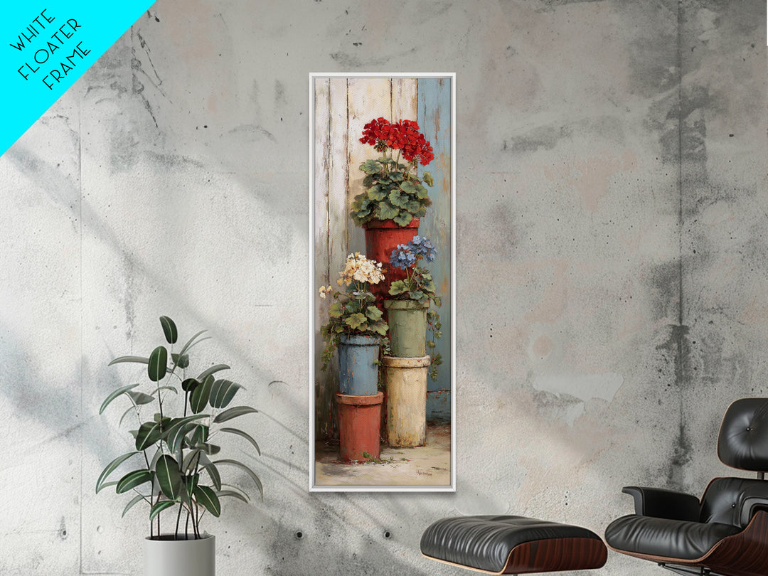 Potted Geraniums in Rustic Clay Pots Framed Canvas Print, Patio Art, Outdoor Art, Patio Decor, Fine Art, Outdoor, PAT-1x3-50