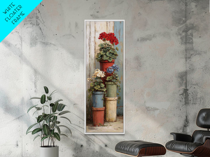 Potted Geraniums in Rustic Clay Pots Framed Canvas Print, Patio Art, Outdoor Art, Patio Decor, Fine Art, Outdoor, PAT-1x3-50