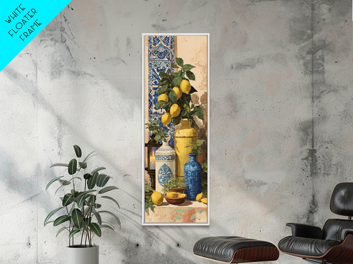 Mediterranean Lemons and Blue Tile Pattern Framed Canvas Print, Patio Art, Neutral Decor, Patio Decor, Fine Art, Outdoor, PAT-1x3-62