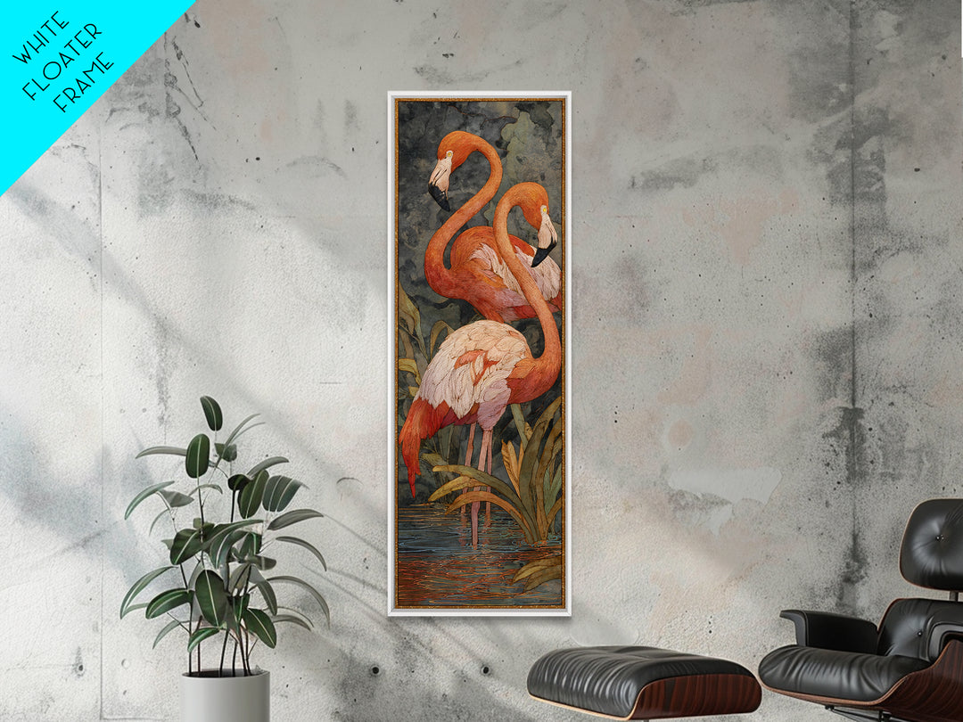 Flamingo Pair Beside Shallow Water Framed Canvas Print, Patio Art, Rustic Decor, Patio Decor, Fine Art, Outdoor, PAT-1x3-70