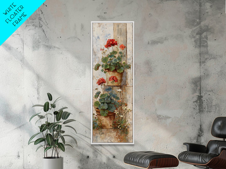 Potted Geraniums in Rustic Clay Pots Framed Canvas Print, Patio Art, Outdoor Art, Patio Decor, Fine Art, Outdoor, PAT-1x3-74