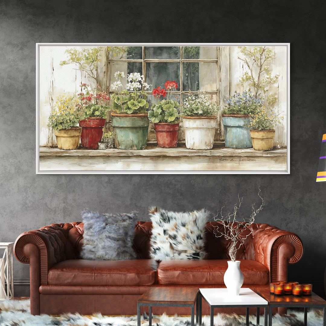 Potted Geraniums in Rustic Clay Pots Framed Canvas Print, Patio Art, Art Print, Patio Decor, Fine Art, Outdoor, Garden Decor, PAT-2x1-10