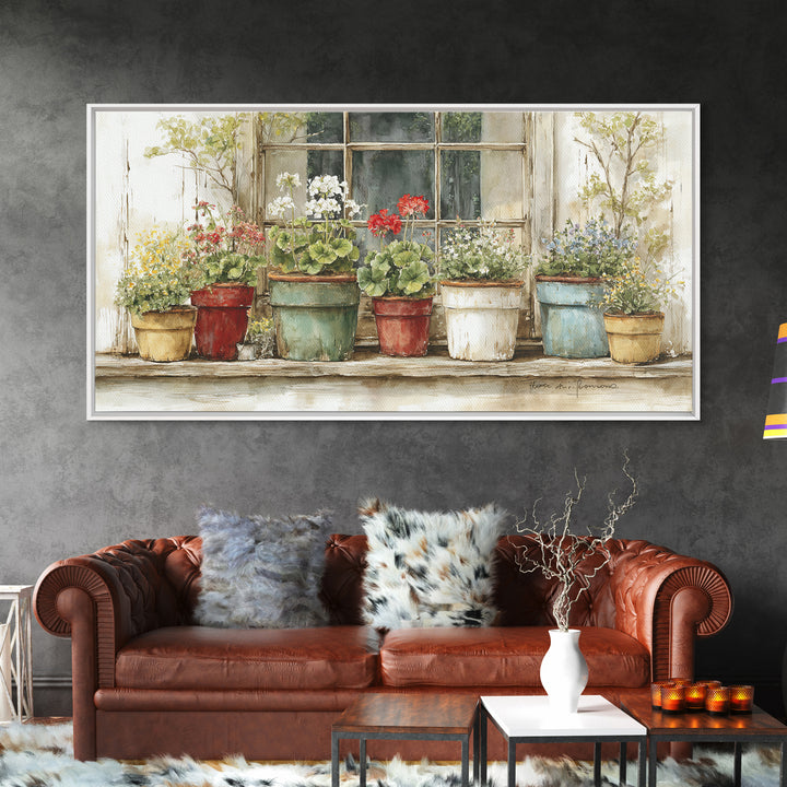 Potted Geraniums in Rustic Clay Pots Framed Canvas Print, Patio Art, Art Print, Patio Decor, Fine Art, Outdoor, Garden Decor, PAT-2x1-10