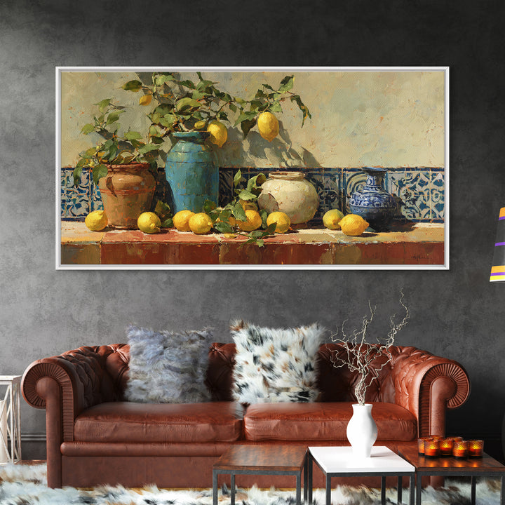 Mediterranean Lemons and Blue Tile Pattern Canvas Print, Patio Art, Boho Decor, Patio Decor, Fine Art, Outdoor, Outdoor Decor, PAT-2x1-22